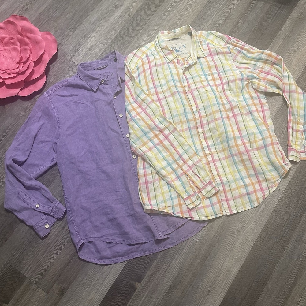 2x TOMMY BAHAMA‎ RELAX Shirt Mens XL 100% Linen Long Sleeve Button Front Check